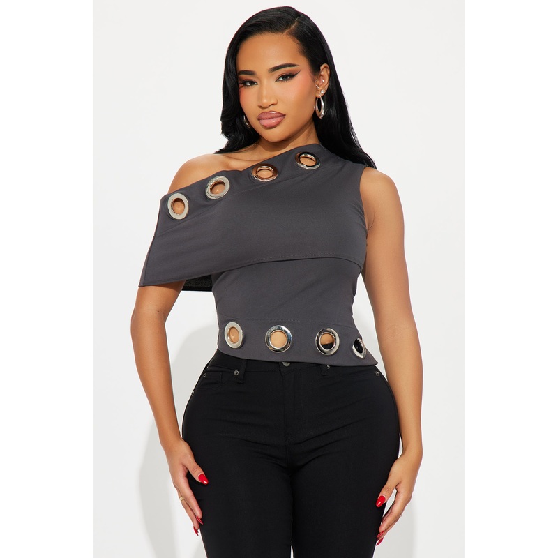 Hustle And Flow Asymmetrical Off Shoulder Top – Grey