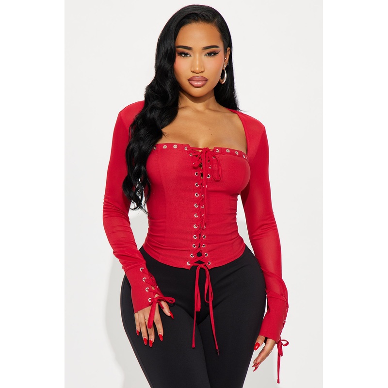Irma Long Sleeve Corset Top – Red