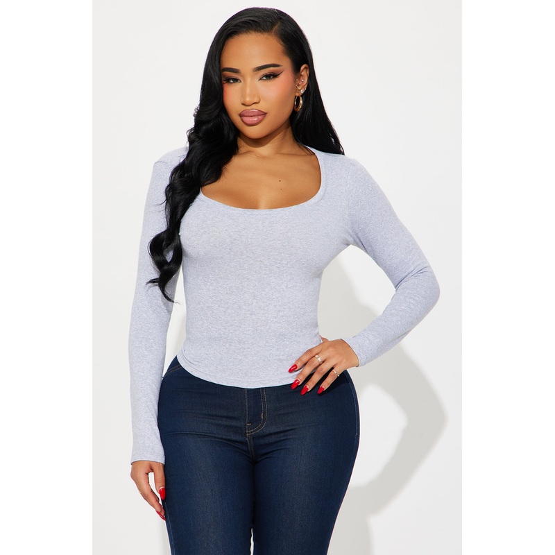 Karina Scoop Neck Long Sleeve Top – Heather Grey