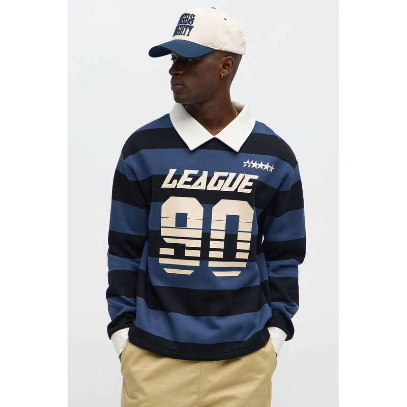 League Stripe Fleece Long Sleeve Polo – Navy/Multi