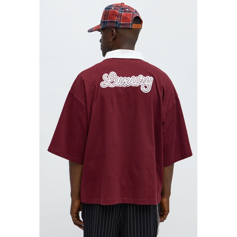 Luxury Pearl Embellished Short Sleeve Polo – Burgundy/combo