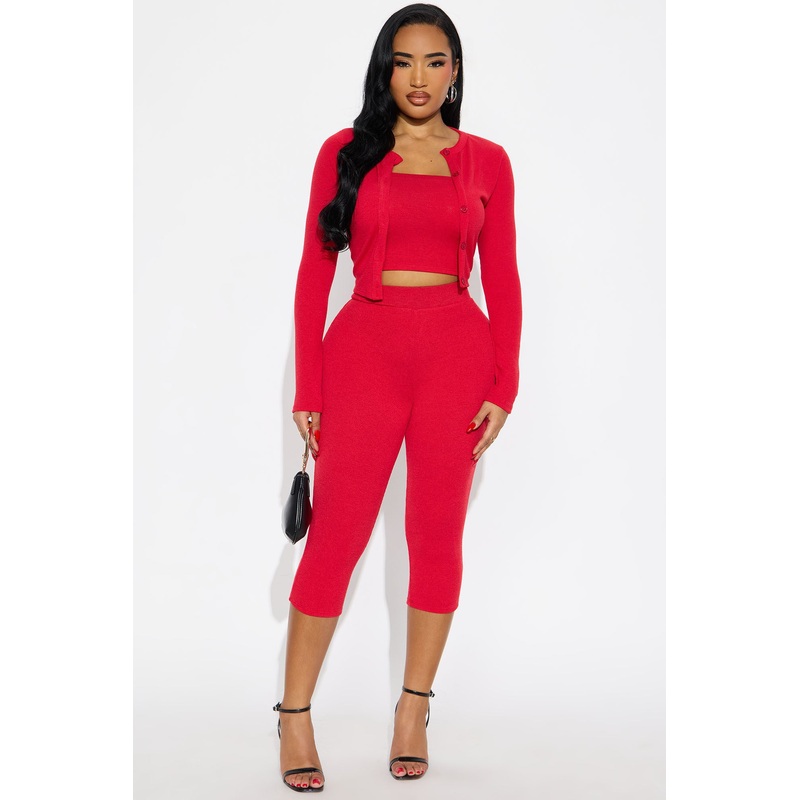 Adeline Ribbed 3 Piece Capri Set – Red
