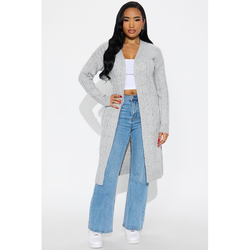 At Ease Cable Knit Long Cardigan – Heather Grey