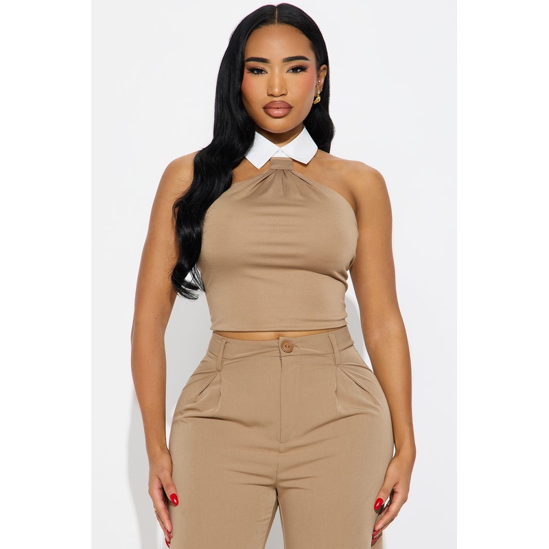 Double Agent Collared Halter Top – Mocha/combo