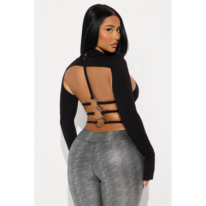 Alex Long Sleeve Backless Mock Neck Top – Black