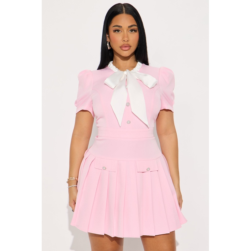 Angela Bow Pleated Mini Dress – Pink