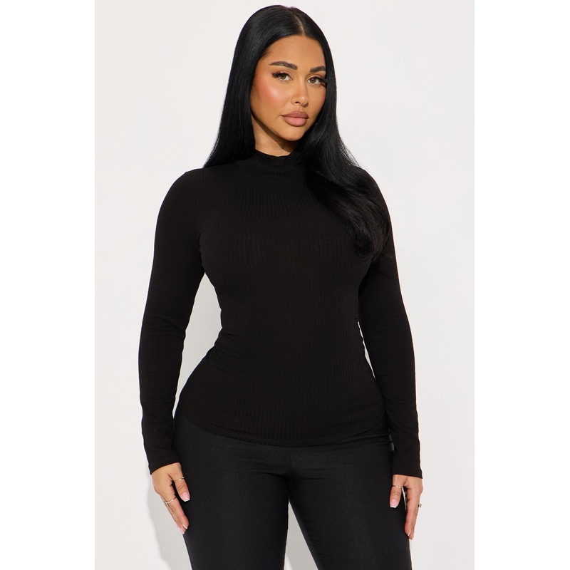 Sydney Mock Neck Ribbed Long Sleeve Top – Black