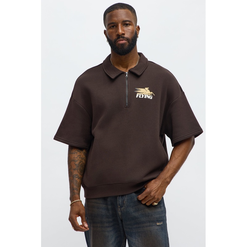 Tyson OversizedWe Fly Quarter Zip Short Sleeve Sweatshirt – Brown