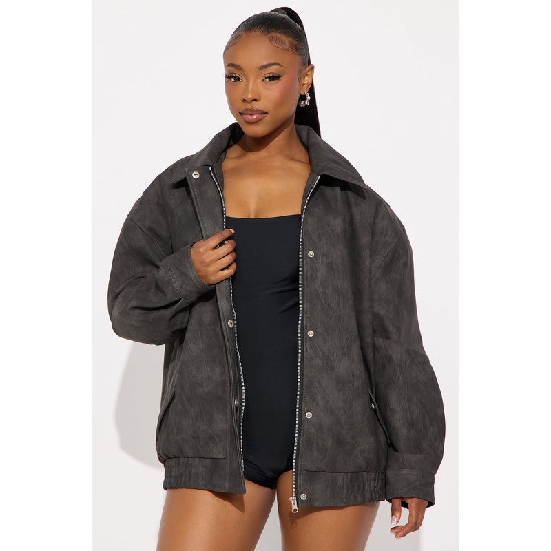 Alexis Washed Faux Leather Bomber Jacket – Black