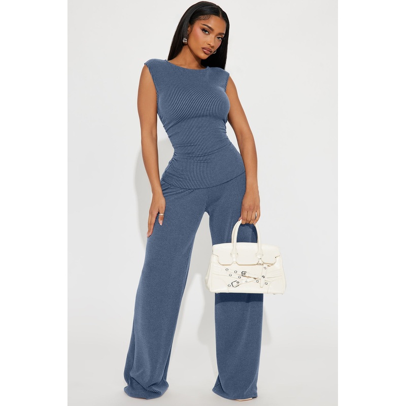 Amaya Ribbed Pant Set – Navy
