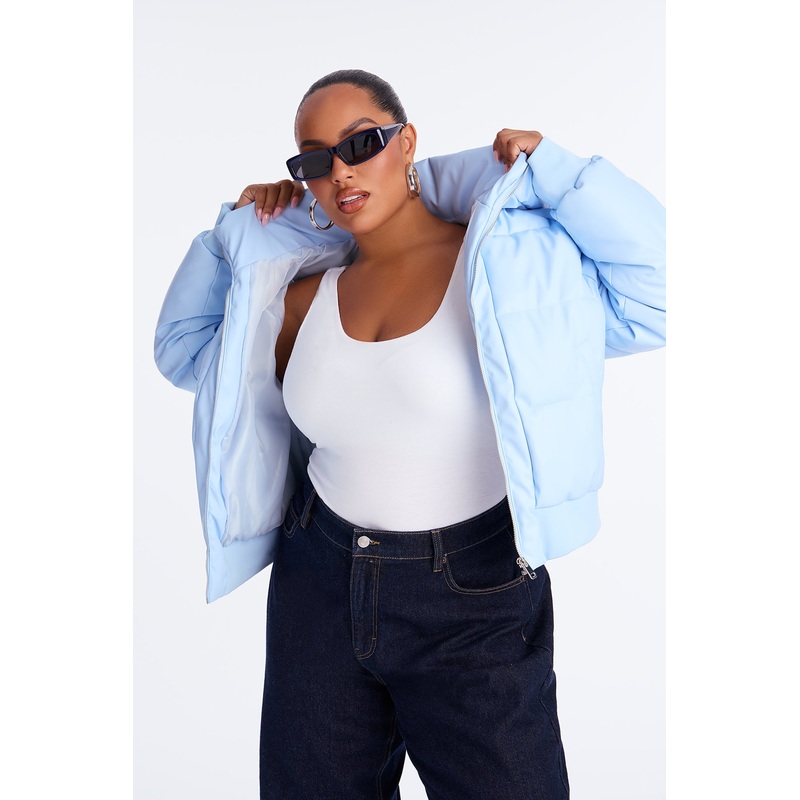 Angella Hooded Faux Leather Puffer – Light Blue