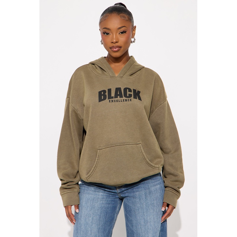 Black Excellence Washed Fleece Hoodie – Olive