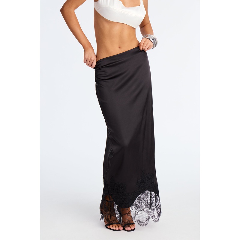 Dolled Up Lace Trim Satin Maxi Skirt – Black