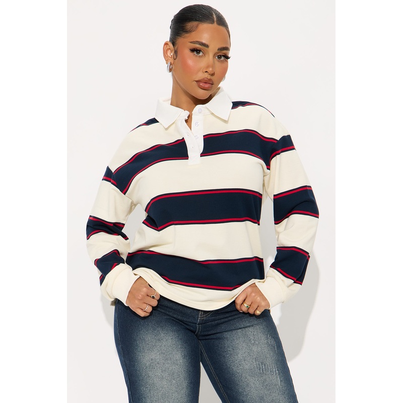 East Coast Rugby Stripe Polo Top – Cream/combo