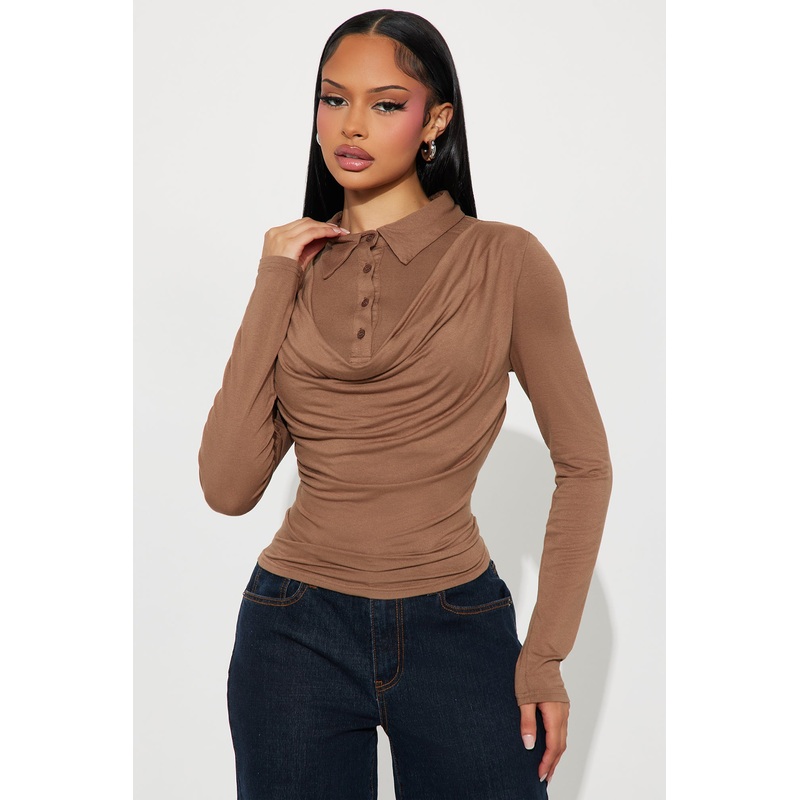 Glinda Long Sleeve Draped Top – Mocha