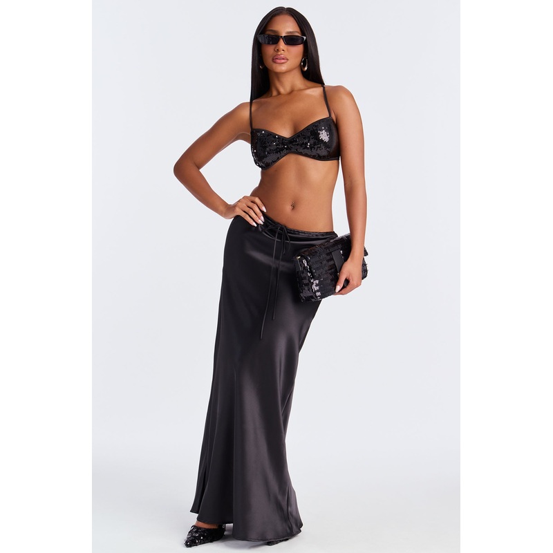 Sierra Tie Waist Satin Maxi Skirt – Black