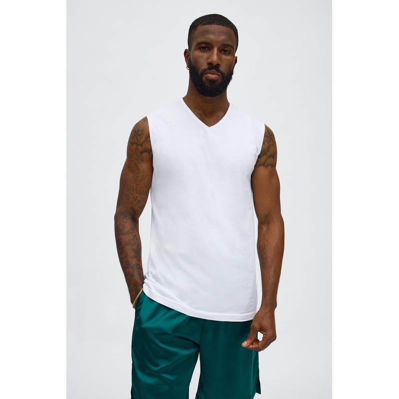 Sleeveless V Muscle Tee – White