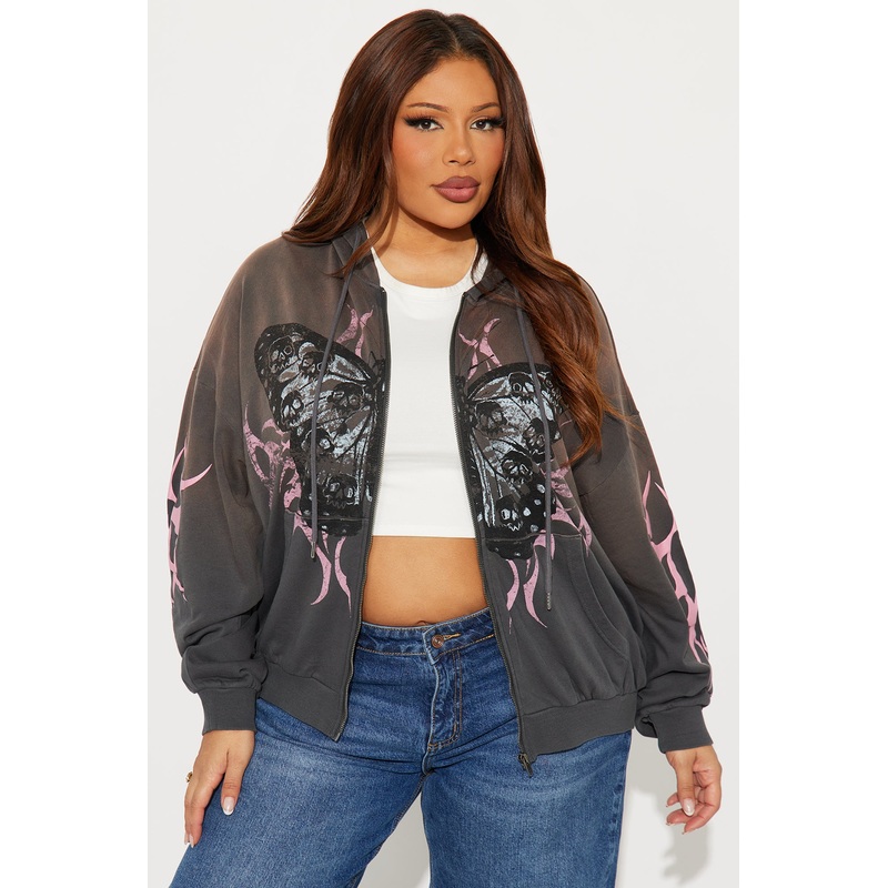 Wings & Flames Washed Fleece Hoodie – Black Wash