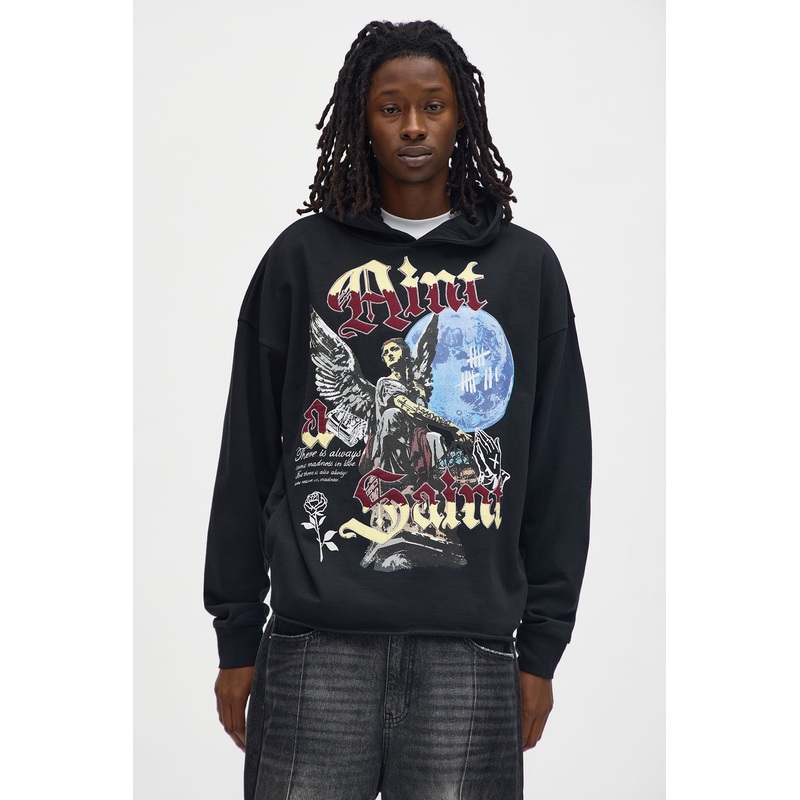 Aint A Saint But Not A Sinner Raw Hem Oversized Hoodie – Black