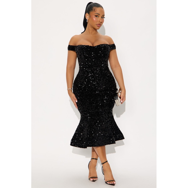 Alora Sequin Midi Dress – Black
