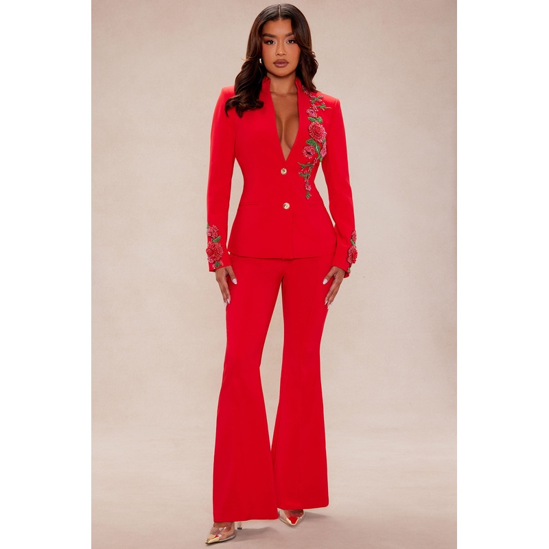 Amelia Embroidered Blazer Pant Set – Red