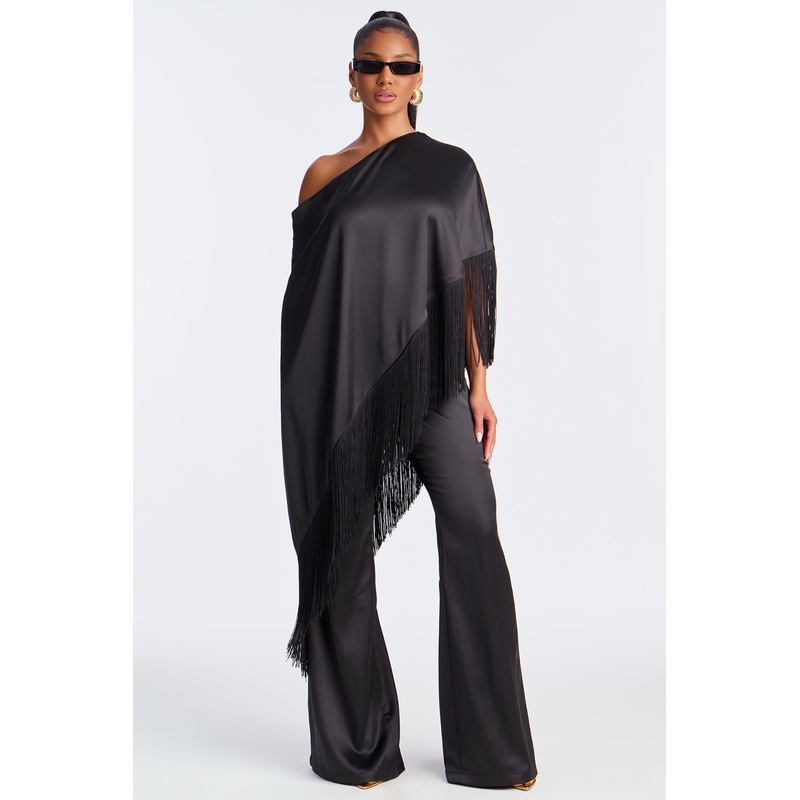 Angelina Fringe Off Shoulder Satin Pant Set – Black