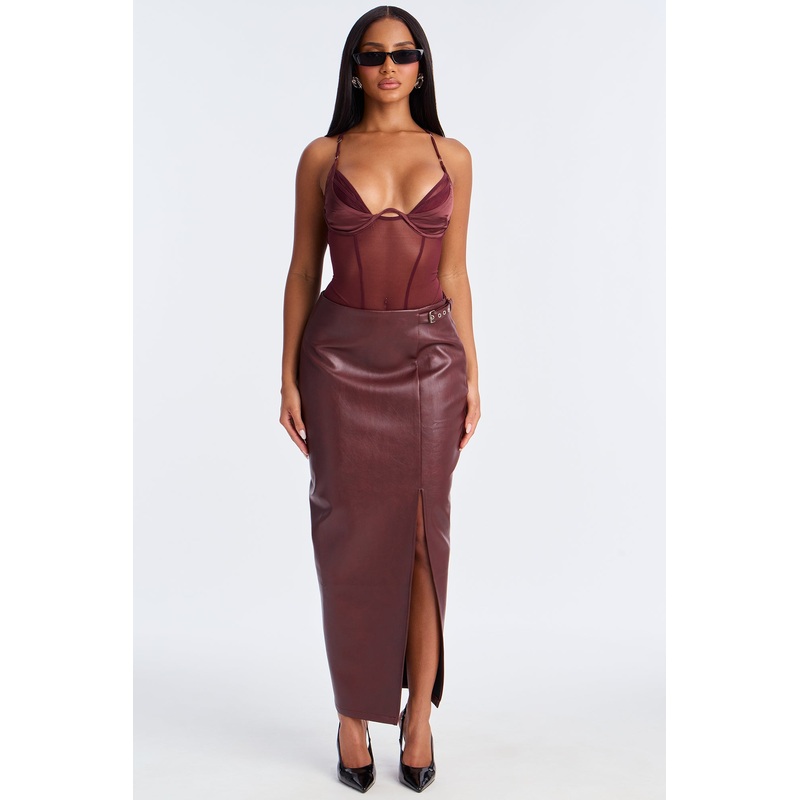 Bad For You Belted Faux Leather Maxi Skirt – Burgundy