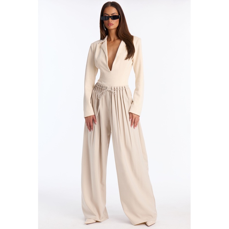 Berlin Pleated High Rise Wide Leg Trouser Pant 32 – Stone