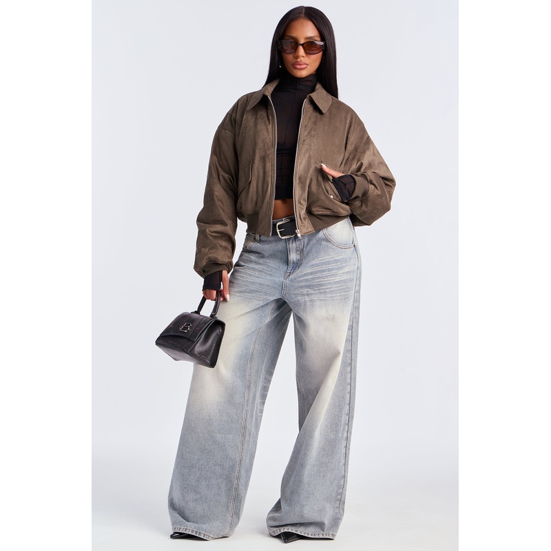 Jessica Cropped Faux Suede Bomber Jacket – Olive