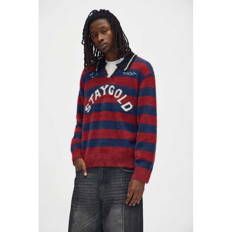 Stay Gold Striped Brushed Sweater – Red