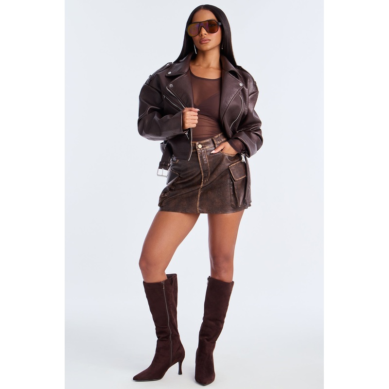 Unmatched Washed Faux Leather Cargo Skirt – Dark Brown