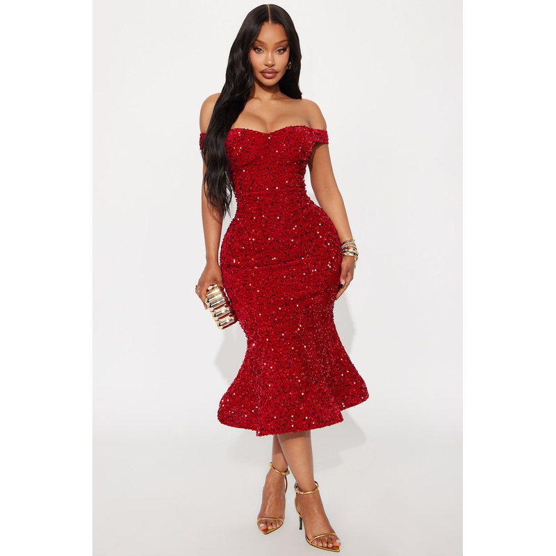 Alora Sequin Midi Dress – Red