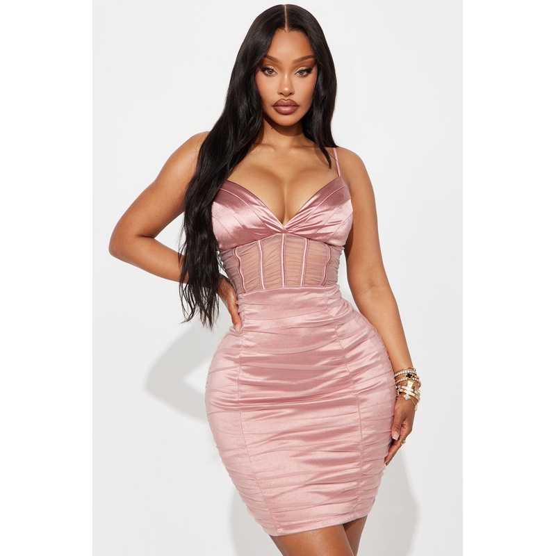 Angelina Mesh Metallic Satin Mini Dress – Blush