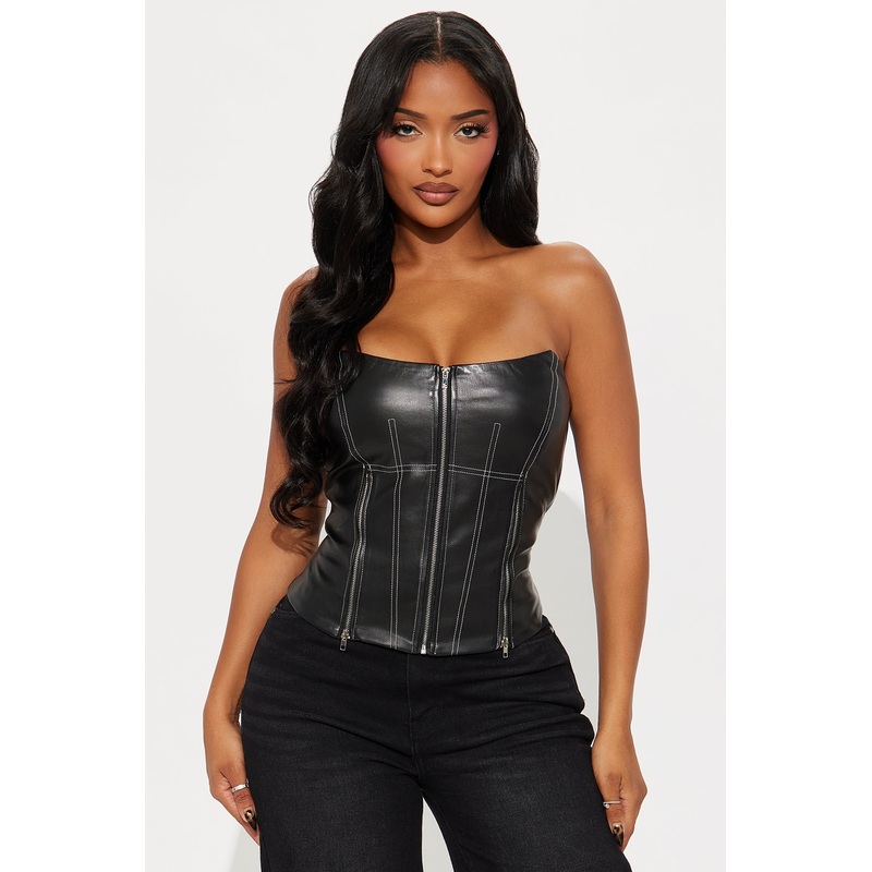 Bondi Faux Leather Corset Top – Black