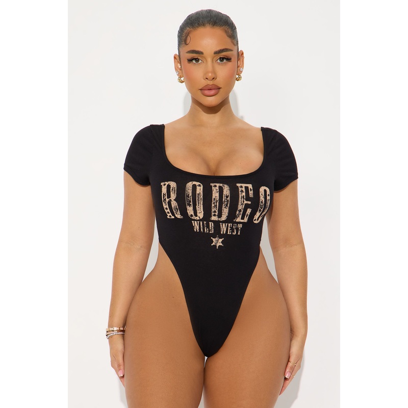Rodeo Wild West Short Sleeve High Cut Bodysuit – Black