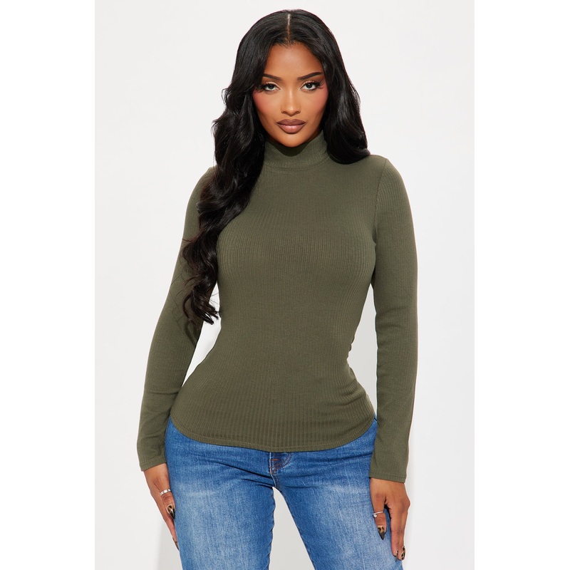 Sydney Mock Neck Ribbed Long Sleeve Top – Olive