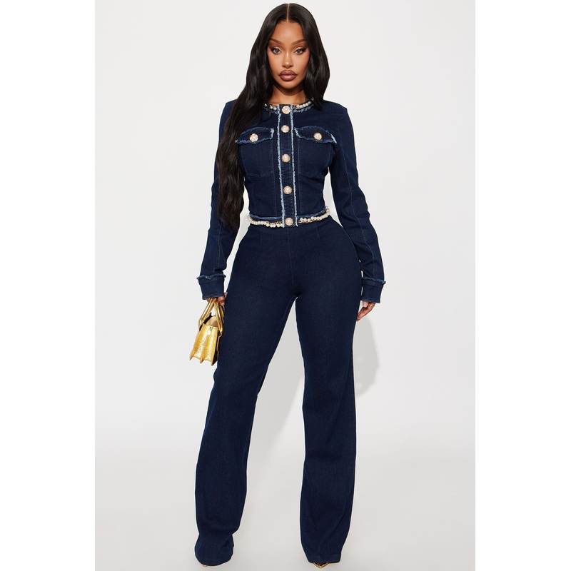 Threaded Grace Pearl Denim Pant Set – Dark Wash