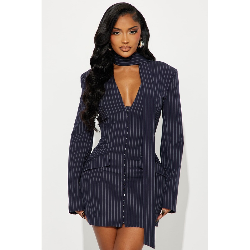 Aniyah Pinstripe Blazer Mini Dress – Navy/combo