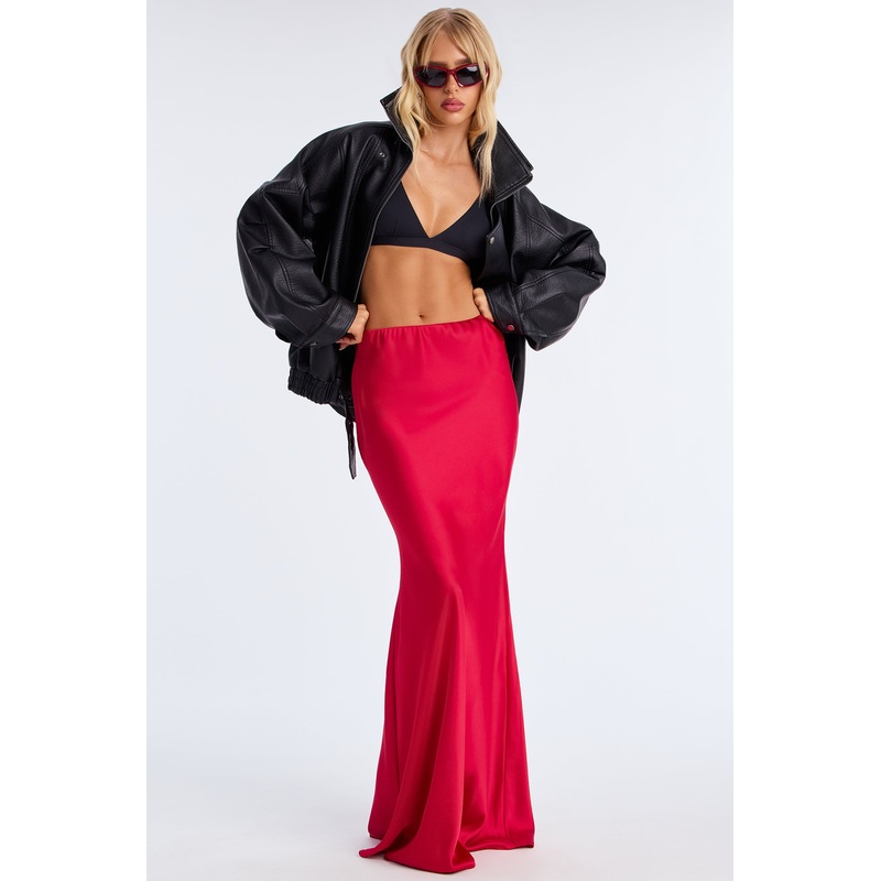 Aurora Satin Maxi Skirt – Red