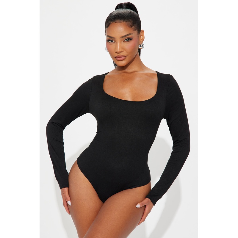 Esme Scoop Neck Double Lined Long Sleeve Bodysuit – Black