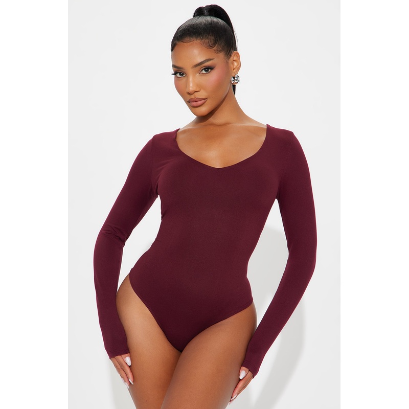 Josie Double Lined V Neck Long Sleeve Bodysuit – Burgundy
