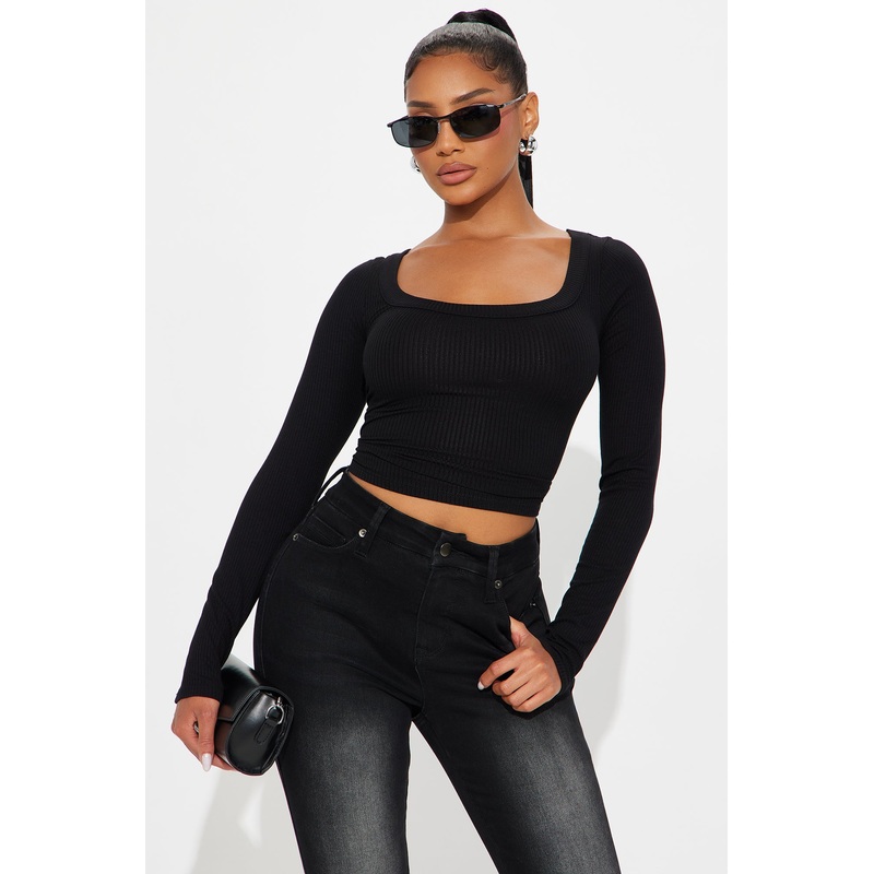Nikki Ribbed Long Sleeve Basic Top – Black