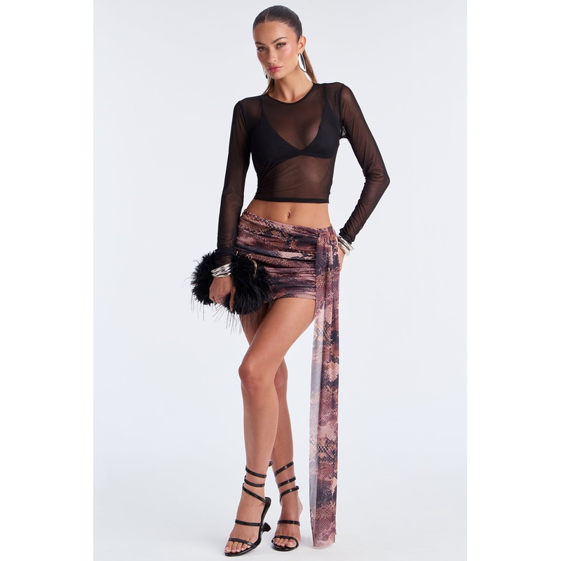 Valentina Snakeskin Ruched Mesh Micro Mini Skirt – Brown/combo