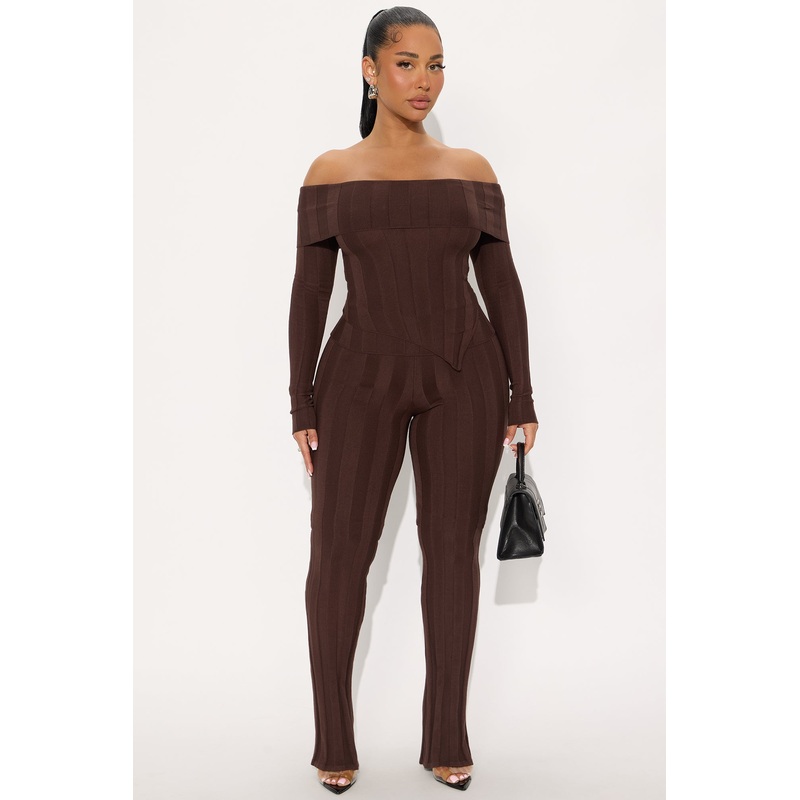 Vivien Off Shoulder Sweater Pant Set – Chocolate