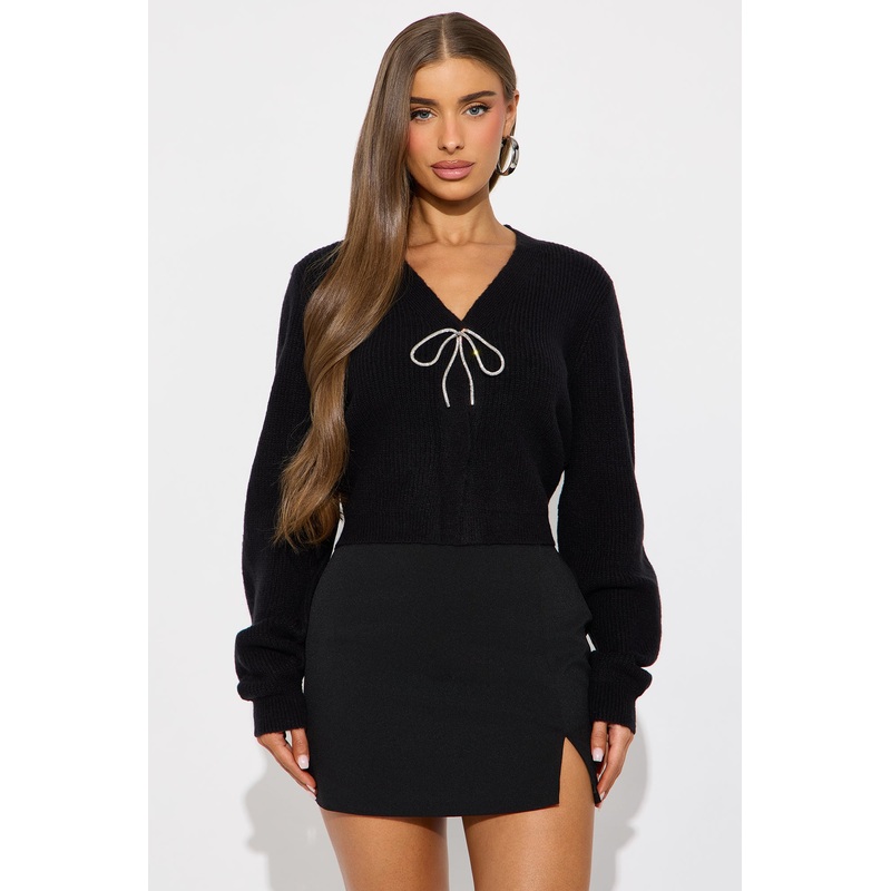 A Little Rhinestone Bow Cardigan – Black