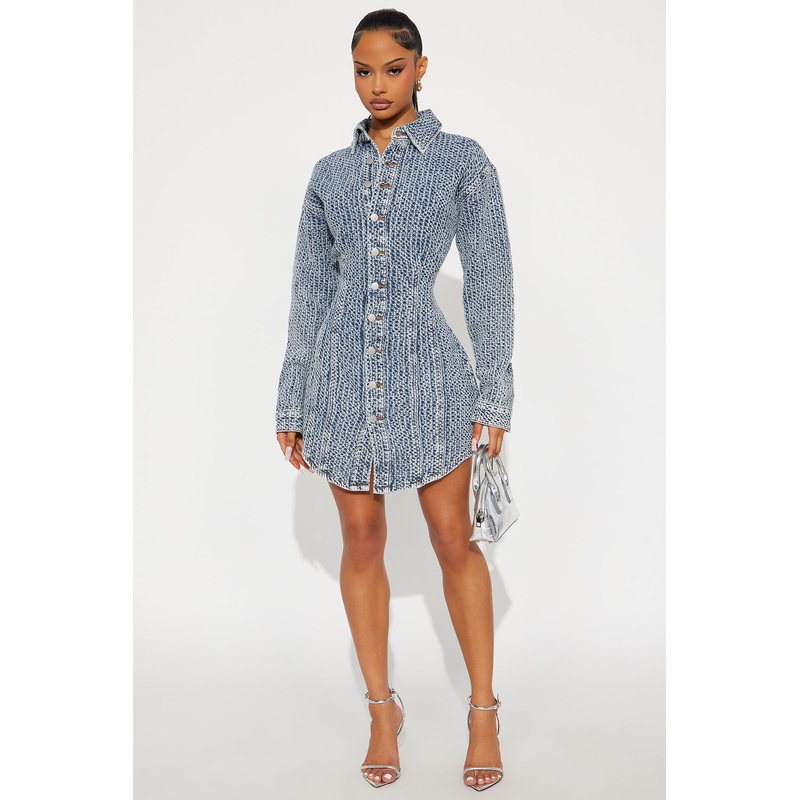 Alessandra Textured Denim Mini Dress – Medium Wash