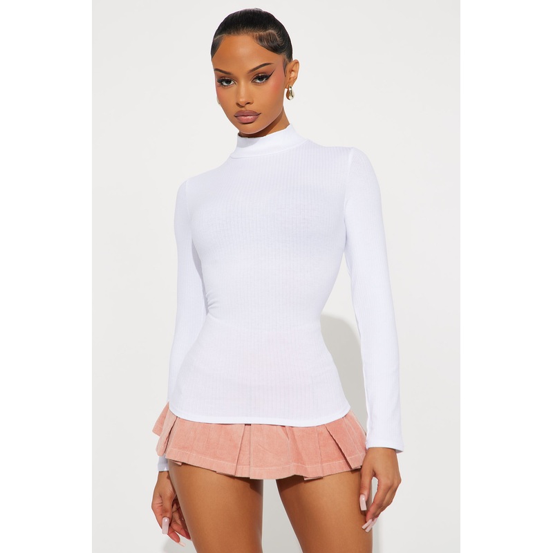 Sydney Mock Neck Ribbed Long Sleeve Top – White