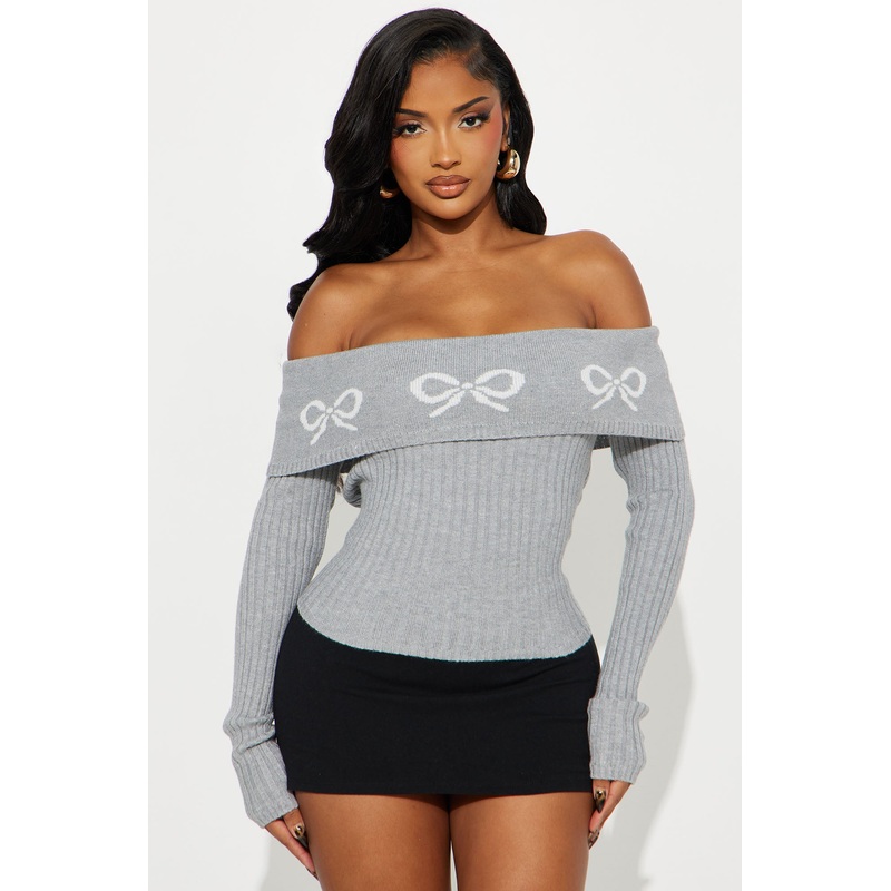 A Bow Kind Of Day Off Shoulder Sweater – Heather Grey