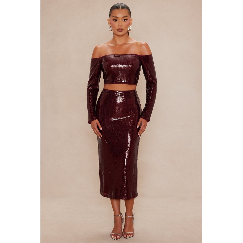 Alondra Sequin Skirt Set – Burgundy