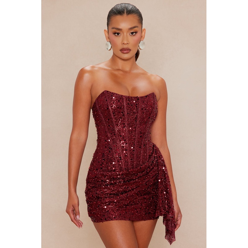 Ashlynn Embellished Mini Dress – Burgundy